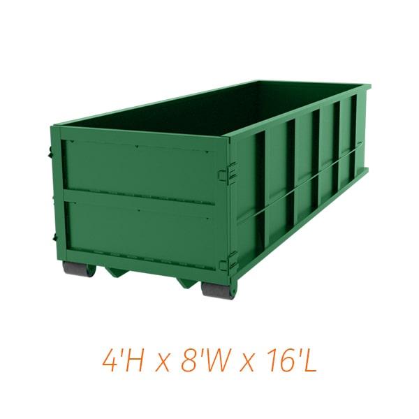 you can put a variety of materials in our 15 yard dumpsters, including household debris, construction debris, and landscaping debris